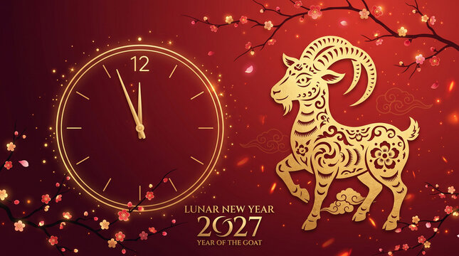 Red gold clock decorative goat cherry blossom glowing spark lunar new year 2027 festive traditional celebration floral oriental elegant
