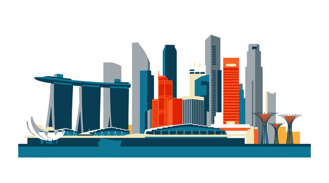 Singapore Urban Architecture, A minimalist flat vector depiction of Singapores famous waterfront skyline