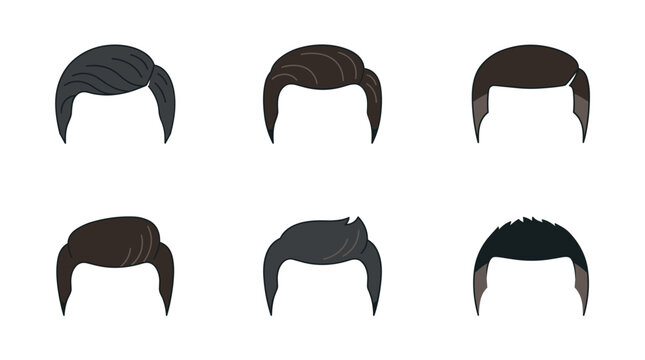 Collection of six different executive male hairstyles and wigs in frontal view, featuring various modern and classic cuts for business men isolated on a white background.