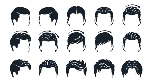 Comprehensive Set of Fifteen Men's Haircut Icons and Grooming Styles Silhouette Collection Featuring Side Parts Pompadours Undercuts and Slicked Back Hair Designs with Styling Direction Arrows