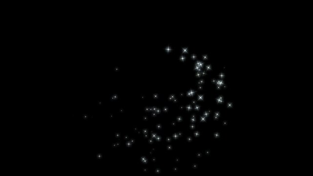 White glittering star dust trail with sparkling particles on black background, twinkle star burst and shining white particle dust, magical fairy tail glitter particles, seamless festive loop video
