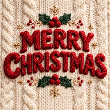 Red embroidered merry christmas lettering with holly berries and snowflakes on a cream knitted wool