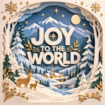 Paper craft layered art scene of a winter landscape with deer and text reading joy to the world
