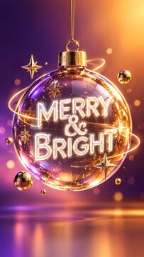 A festive glass ornament glows brightly with merry and bright text floating inside against dark