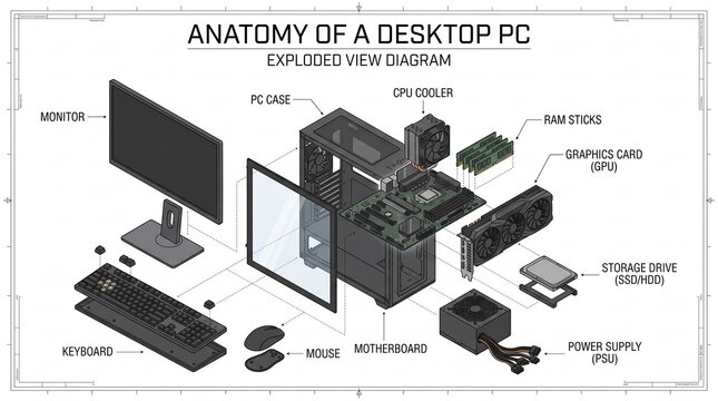 Anatomy of a desktop PC exploded view diagram
