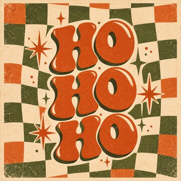 Ho text in a retro groovy style on a vintage checkered orange and green wavy background