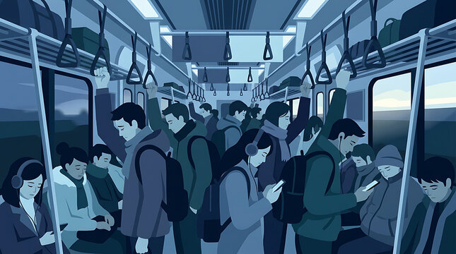 Commuters standing and sitting inside a crowded train carriage during a gloomy morning commute
