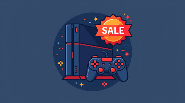 Stylized vector illustration of a video game console and controller with a sale badge on a dark background