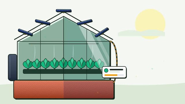 Community rooftop agrivoltaic glass greenhouse with dual axis solar louver canopy and hydroponic urban farming beds in 2D flat vector loop