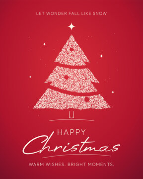 Christmas poster with white snow tree on red background, holiday greeting, star sparkle and elegant typography, festive winter celebration concept of warmth, wonder and bright wishes