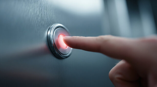 Human finger pressing glowing red metallic emergency button on steel wall in close up view