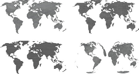 Abstract Halftone World Map and Dotted Earth Globe Vector Set Featuring Digital Network Grid Layouts and Continental Silhouettes for Global Communication and Logistics Graphic Designs © MDIBRAHIM