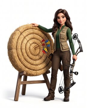 Graceful woman with modern compound bow beside large straw target