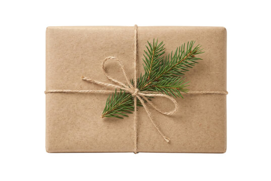 Brown kraft paper gift box with twine and pine twig
