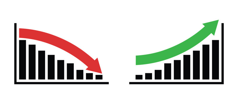 Graph showing rise and fall. Downward trend and upward trend. Market performance chart