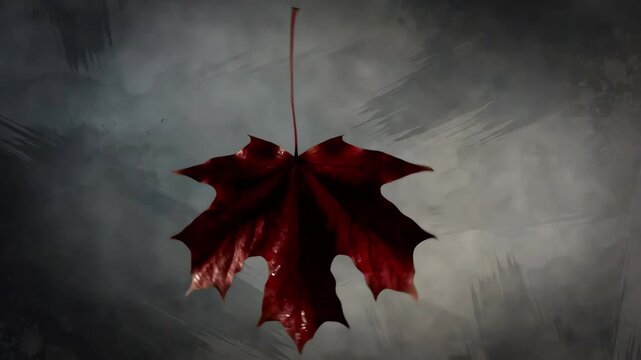Artistic rendering of a single red leaf falling slowly in a rhythmic swaying motion against a gray background