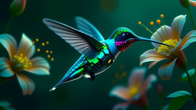 A vibrant, iridescent hummingbird with iridescent plumage hovers in a lush, dewy garden, its delicate beak poised to drink nectar from a dew-kissed blooming flower, showcasing the breathtaking