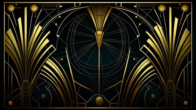 Exquisite art deco geometric pattern featuring shimmering golden lines and ornate flourishes against a deep emerald backdrop, evoking timeless luxury and sophisticated glamour for decorative