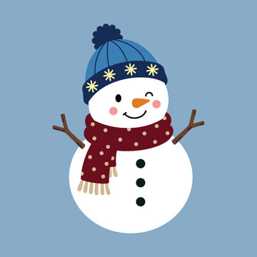 A simple snowman illustration with classic winter elements, suitable for holiday design, seasonal branding, packaging, labels, pattern, book illustration, and festive graphic projects.