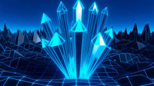 Abstract Blue Crystal Formation on Digital Landscape, Futuristic Technology Concept