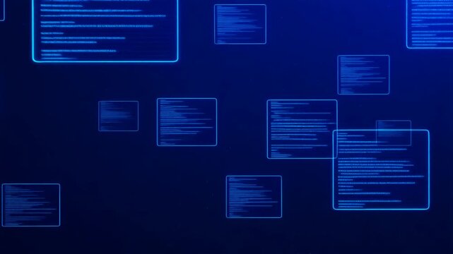 Abstract Blue Digital Code Screens Floating in Futuristic Cyberspace