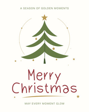 Minimalist Christmas poster with green tree, golden star and ornaments, festive greeting typography on white background, concept of holiday celebration, warmth, joy, glow and seasonal wonder