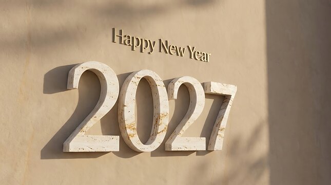 Happy New Year 2027 three dimensional text on a textured beige wall background
