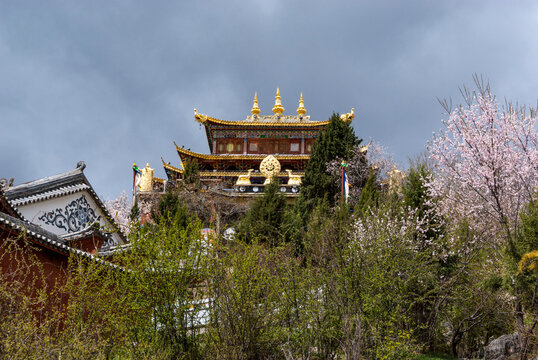 Gilded Dharma Wheel (Dharmachakra) on the front  facade of a Buddhist temple in Shnagri-La, Yunnan, China, Asia