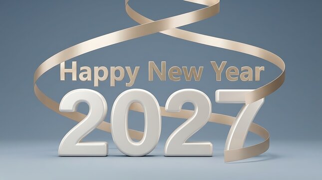 Happy New Year 2027 celebration with golden ribbon and large metallic numbers on a blue background