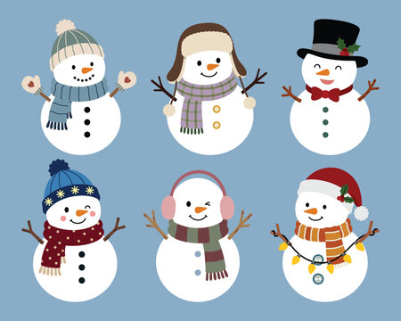 A set of six snowmans illustration with classic winter elements, suitable for holiday design, seasonal branding, packaging, labels, pattern, book illustration, and festive graphic projects.