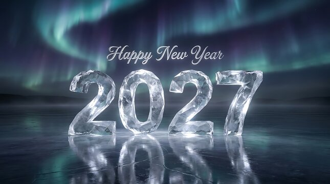 Happy New Year 2027 greeting with shimmering ice numbers and vibrant aurora borealis background