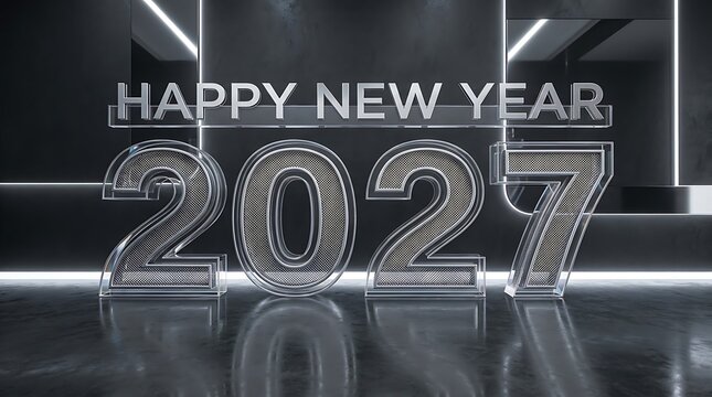 Silver metallic happy new year 2027 text on a reflective black floor background