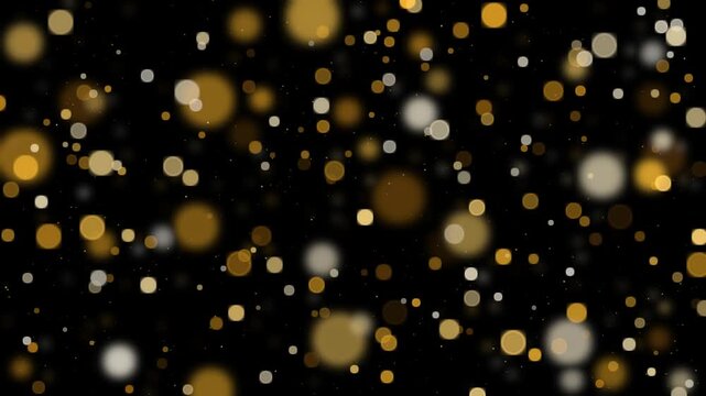 Warm gold bokeh circles drift slowly over pure black at several depths with the nearest ones softly out of focus in a twenty second loop for Screen or Add blend mode