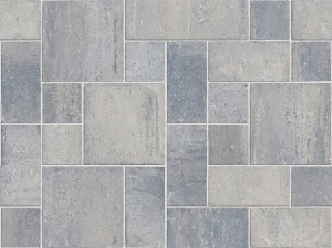 Stone paver patio floor featuring grey rectangular blocks arranged in
