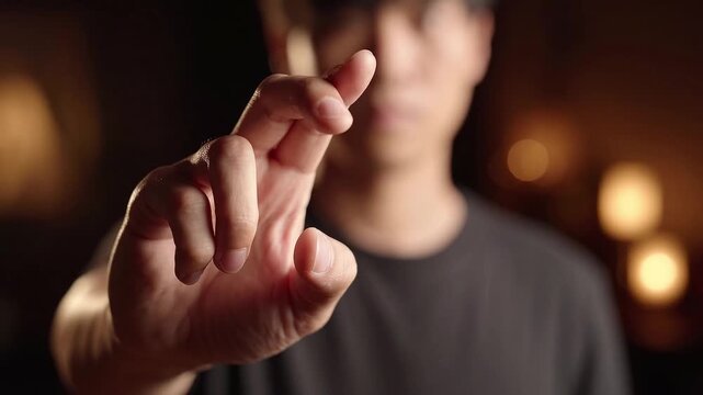 Person reaching toward camera with fingers poised to touch. Gesture of interaction and choice. Technology interface and digital connection concept. Close-up video.
