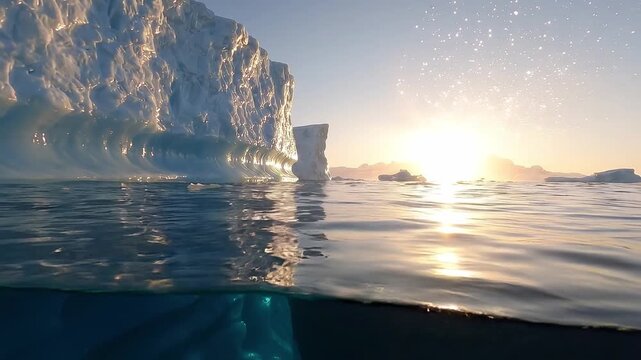 Iceberg above and below the ocean surface at sunset. Arctic seascape and polar environment. Climate change and melting ice concept. Nature documentary.