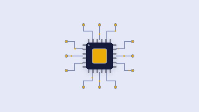 Processor chip with glowing circuit traces flat animation loop