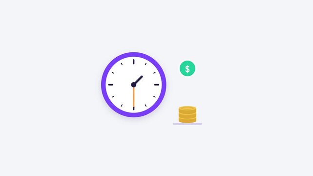Time is money clock with growing coin stack flat animation