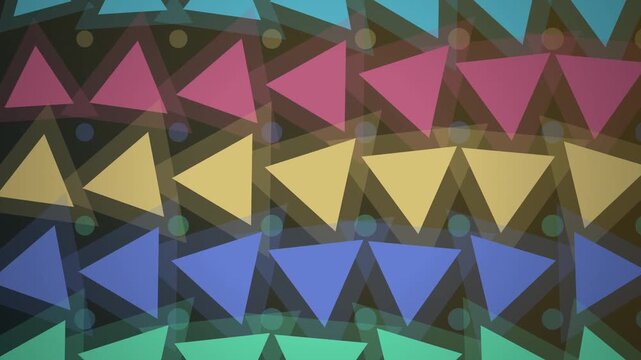 Vintage geometric triangle pattern, retro 80s abstract background with colorful shapes, repeating triangle and dot motif for video backdrops