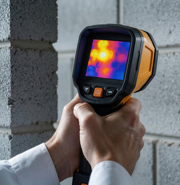 Professional inspector uses handheld thermal imaging camera to scan gray concrete block wall. Man checks energy efficiency, insulation by detecting heat loss with infrared sensor. Modern technology