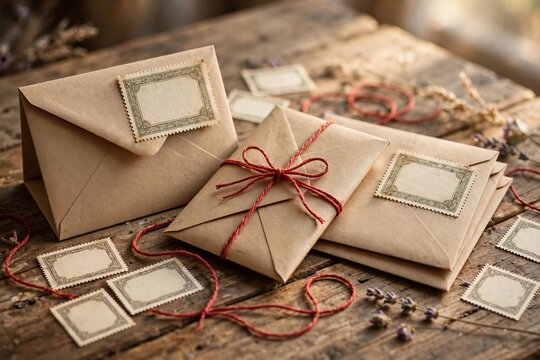 Kraft envelopes with vintage style blank stamps tied with red string