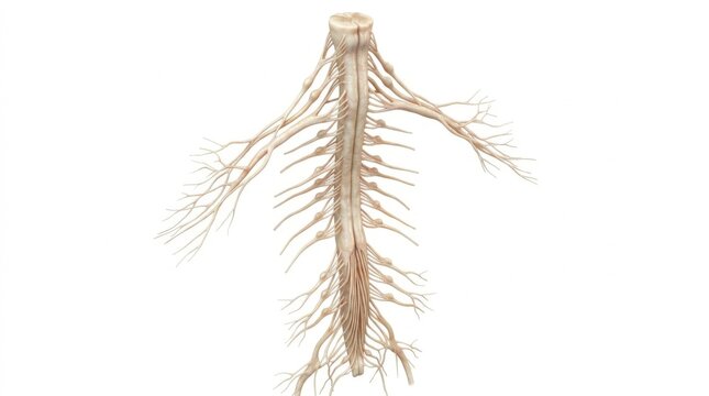 3D Human Spinal Cord with Emerging Nerve Roots, Detailed Spinal Anatomy and Peripheral Nervous System Medical Illustration on Pure White Background