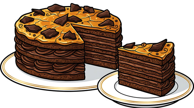 Hungarian Dobos Torte cartoon illustration, impressive multilayered chocolate cake art for premium bakery merchandise