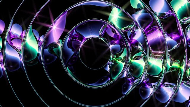 Circular glass structures magnify colorful chrome forms through glossy refraction effects. Premium futuristic loop for digital technology, luxury, and abstract motion design.