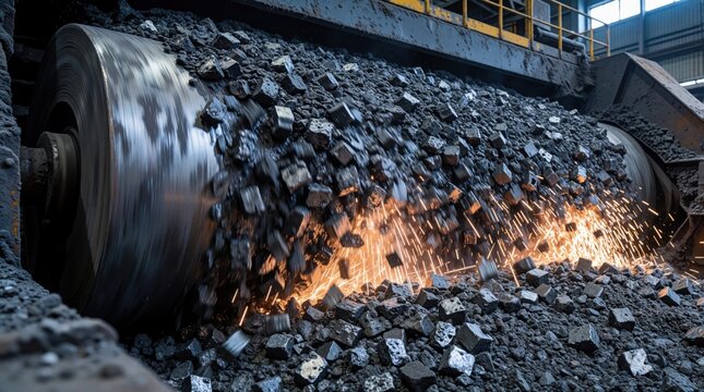 Industrial magnetic separator extracts metal pieces from processed slag in factory. Large rotating drum pulls ferrous material from waste for recycling process. Sparks fly during heavy metal
