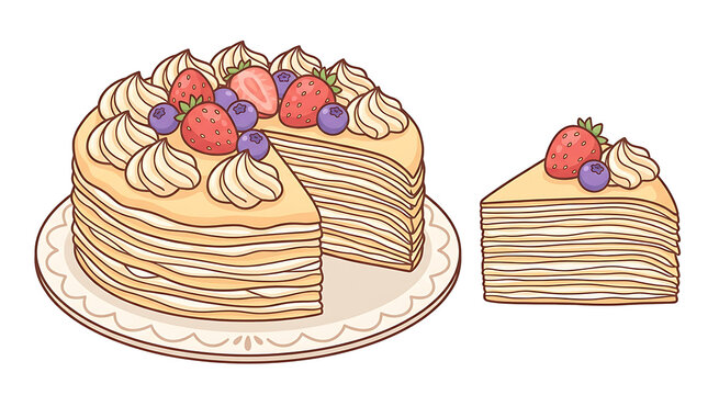 Taiwanese Mille Crepe cake cartoon illustration, delicate thousand layer crepe dessert art for upscale cafe merchandise
