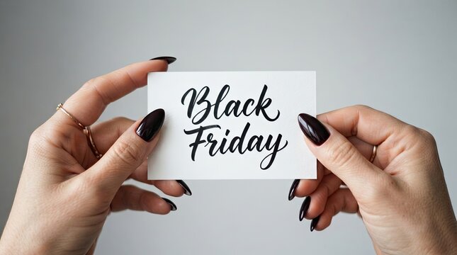 Woman's hands holding a card with black friday lettering in elegant calligraphy style
