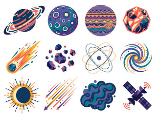 Space exploration icon set featuring planets comets galaxy and © sakib