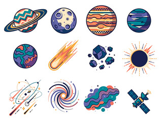 Space exploration icon set featuring planets comet asteroid and © sakib