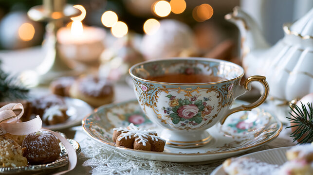 Vintage floral teacup filled with warm tea, gingerbread snowflake cookie, and assorted holiday pastries for a cozy Christmas gathering